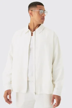 Linen Mix Relaxed Harrington Jacket | BoohooMAN UK