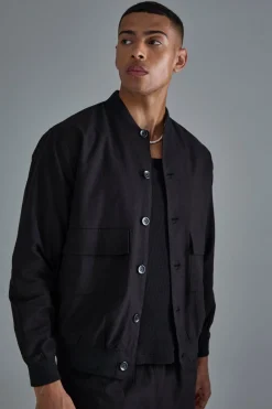 Linen Mix Smart Oversized Cargo Bomber Jacket | BoohooMAN UK