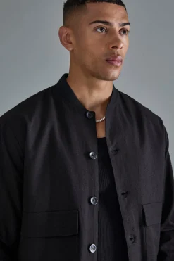 Linen Mix Smart Oversized Cargo Bomber Jacket | BoohooMAN UK