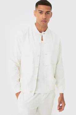 Linen Mix Smart Oversized Cargo Bomber Jacket | BoohooMAN UK