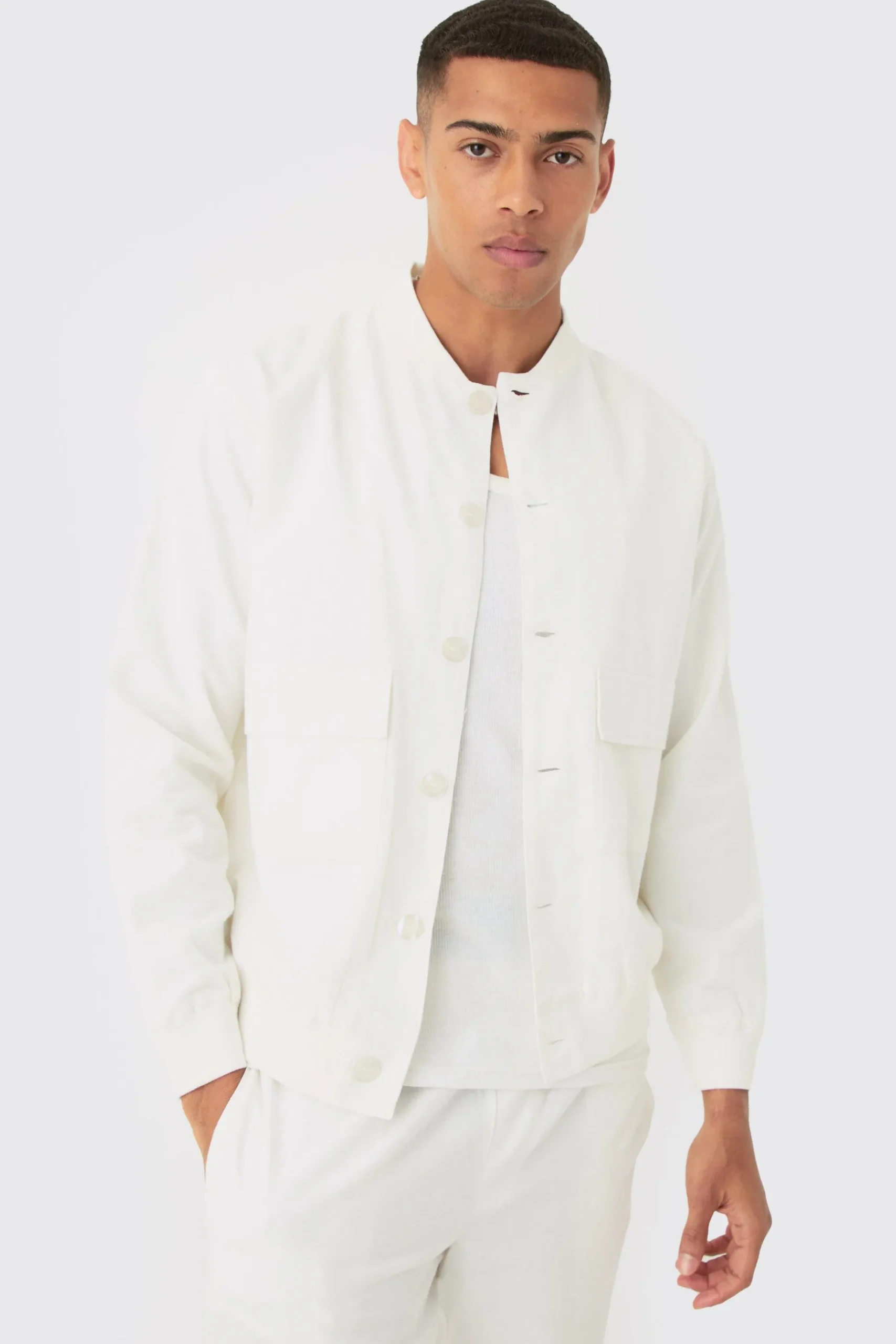 Linen Mix Smart Oversized Cargo Bomber Jacket | BoohooMAN UK