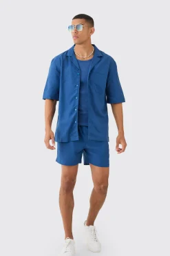 Linen Pocket Detail Shirt & Short Set | BoohooMAN UK