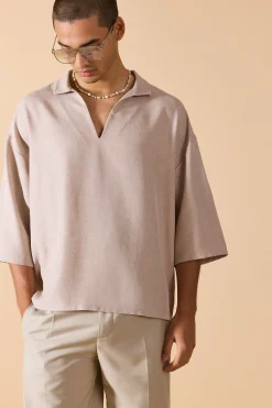 Linen V-neck Oversized Shirt | BoohooMAN UK