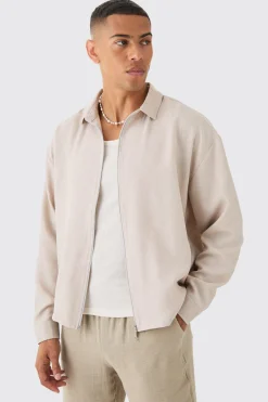 Linen Zip Through Overshirt | BoohooMAN UK