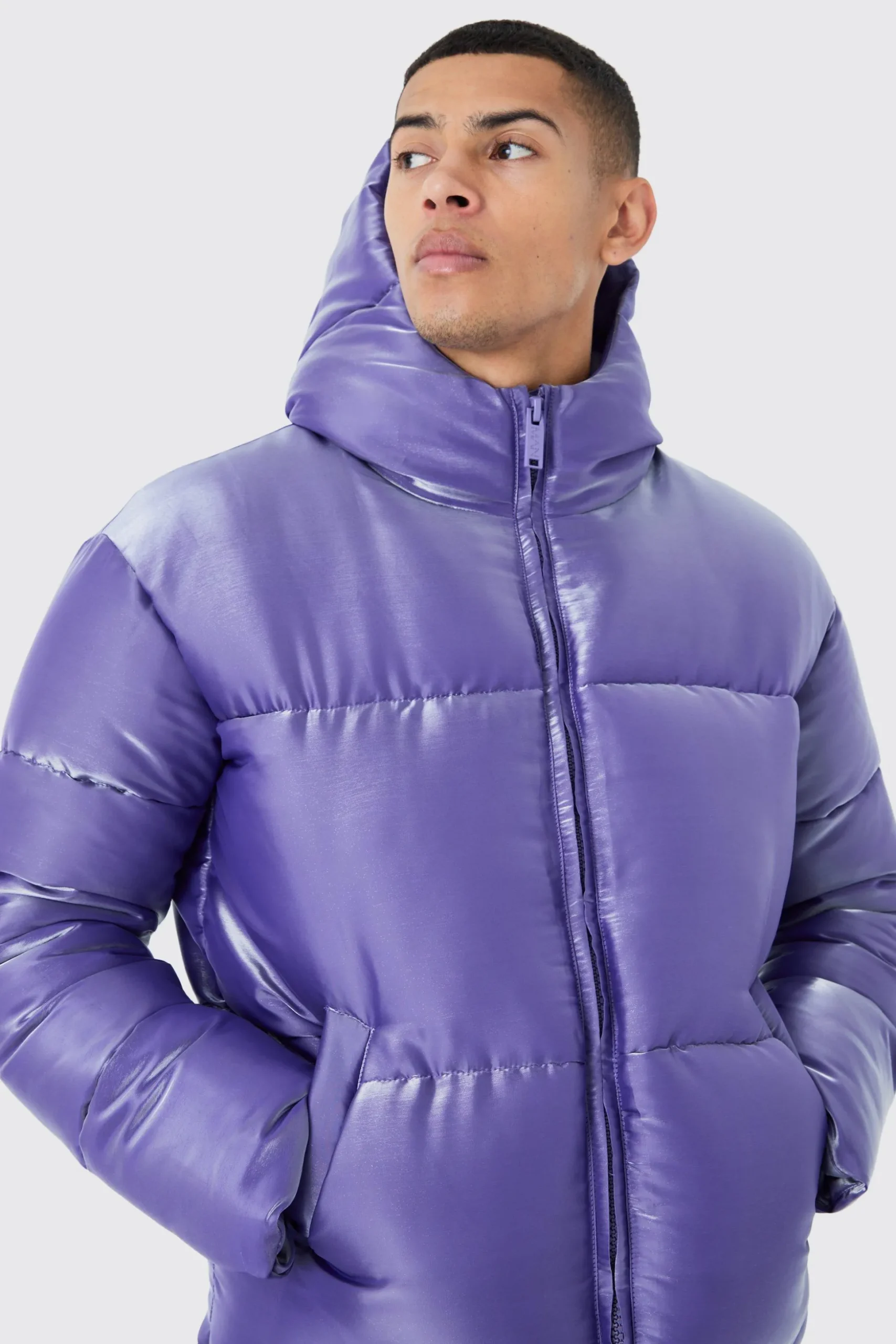 Liquid Metallic Nylon Puffer Jacket | BoohooMAN UK