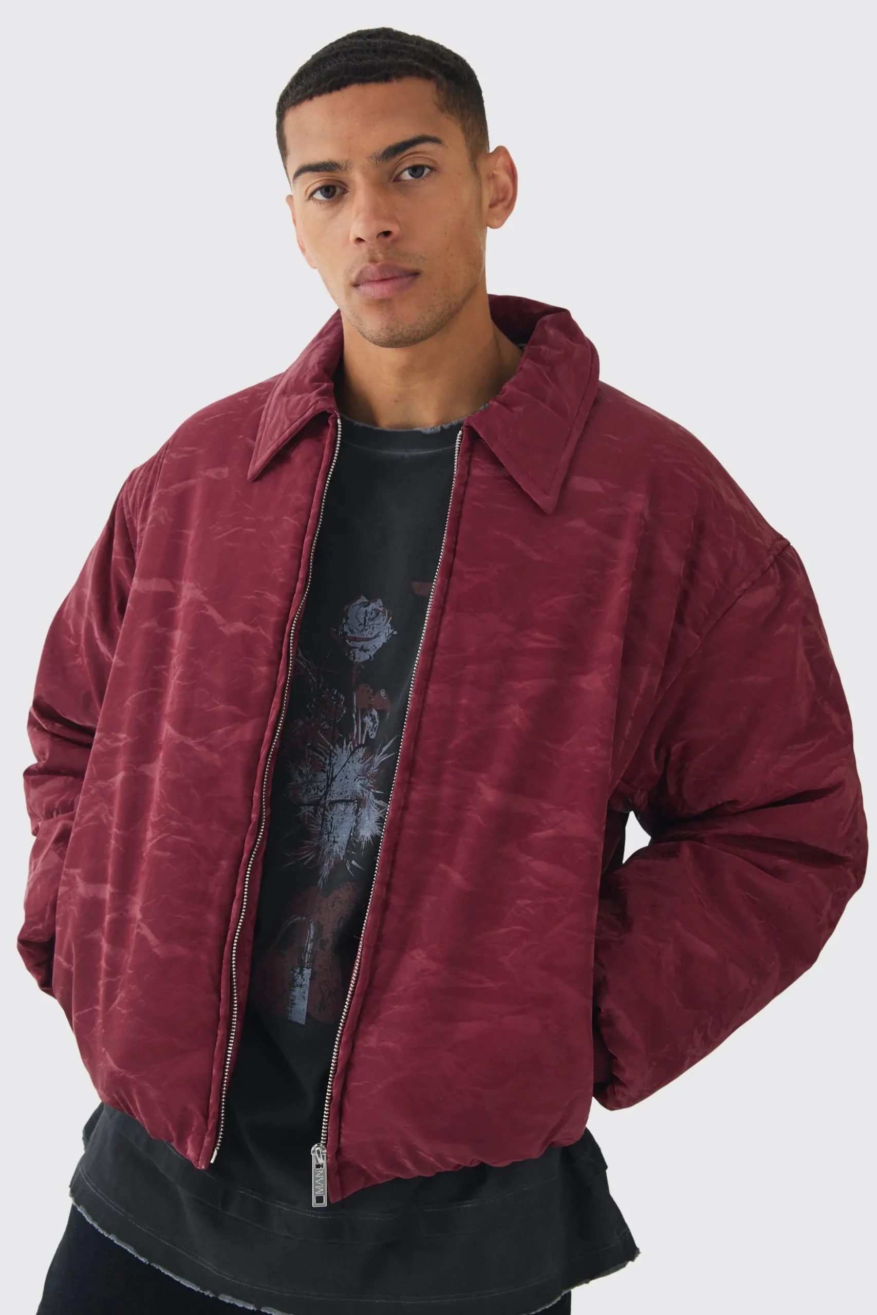 Liquid Satin Pu Padded Collared Bomber Jacket In Red | BoohooMAN UK
