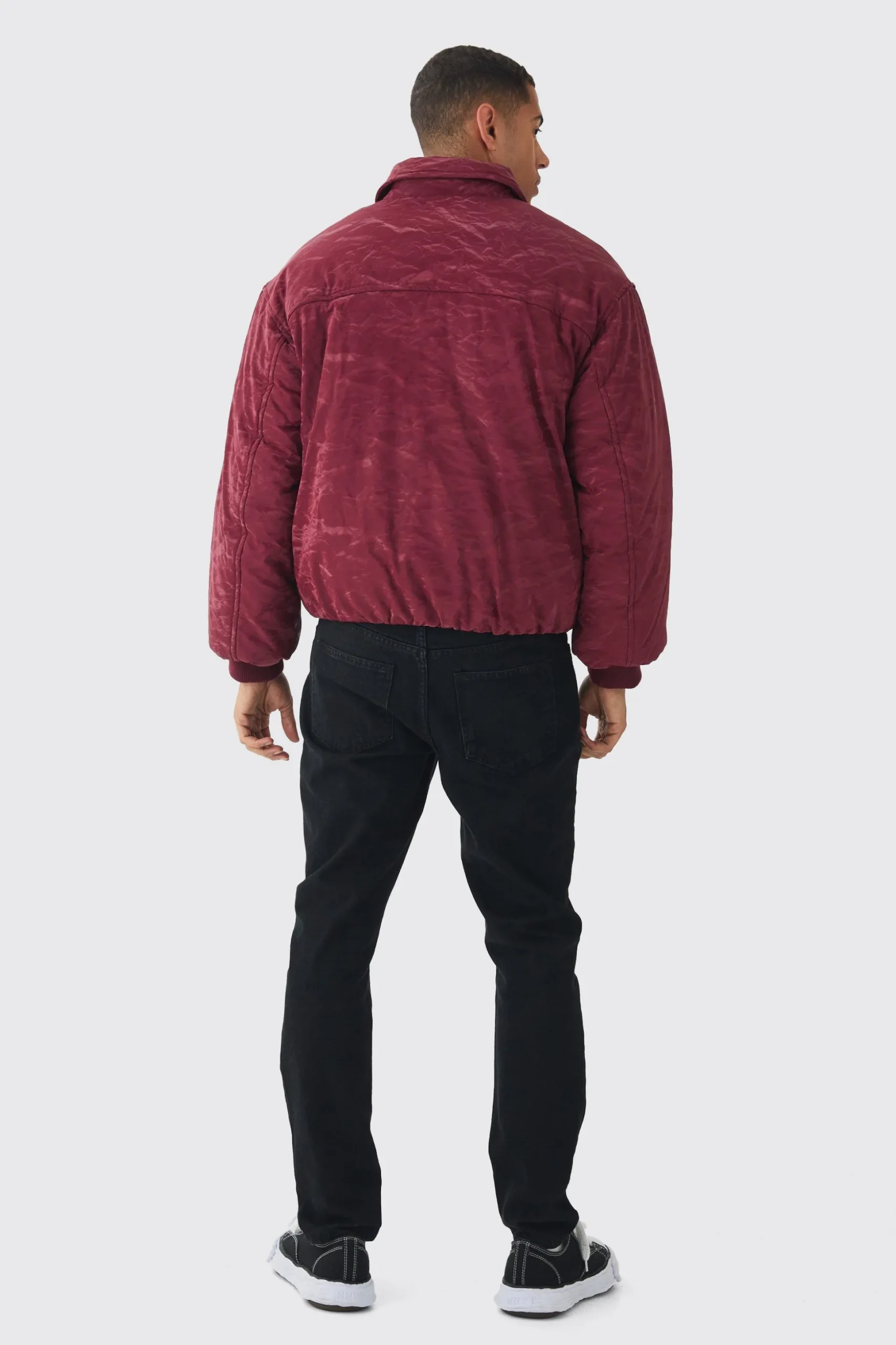 Liquid Satin Pu Padded Collared Bomber Jacket In Red | BoohooMAN UK