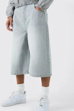 Long Line Denim Jorts In Grey Wash | BoohooMAN UK