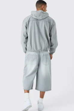 Long Line Denim Jorts In Grey Wash | BoohooMAN UK
