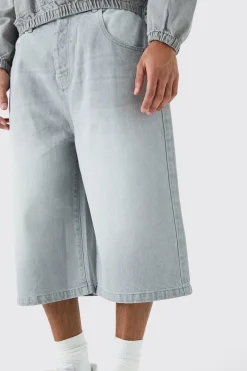 Long Line Denim Jorts In Grey Wash | BoohooMAN UK