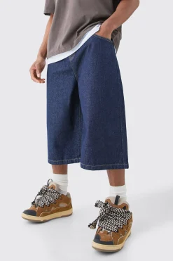 Long Line Denim Jorts In Indigo | BoohooMAN UK