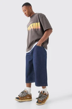 Long Line Denim Jorts In Indigo | BoohooMAN UK