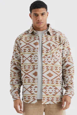 Long Sleeve Aztec Jacquard Oversized Overshirt | BoohooMAN UK
