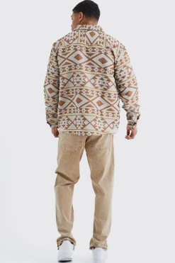 Long Sleeve Aztec Jacquard Oversized Overshirt | BoohooMAN UK