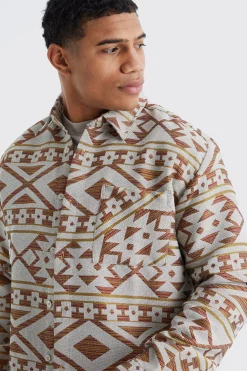 Long Sleeve Aztec Jacquard Oversized Overshirt | BoohooMAN UK