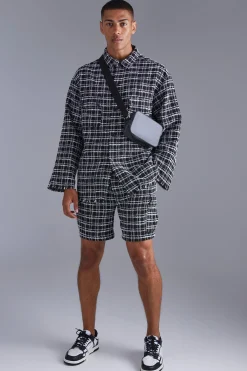 Long Sleeve Boxy Check Shirt & Cargo Short Set | BoohooMAN UK