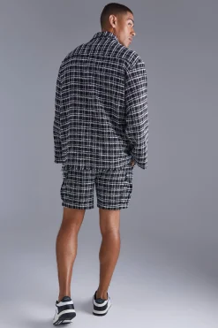 Long Sleeve Boxy Check Shirt & Cargo Short Set | BoohooMAN UK