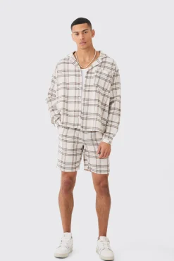 Long Sleeve Boxy Tonal Textured Shirt And Short | BoohooMAN UK