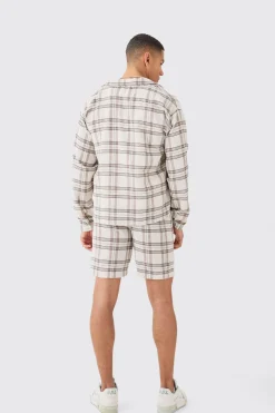 Long Sleeve Boxy Tonal Textured Shirt And Short | BoohooMAN UK