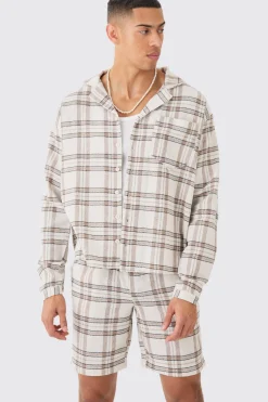 Long Sleeve Boxy Tonal Textured Shirt And Short | BoohooMAN UK