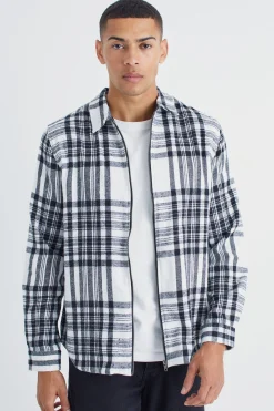 Long Sleeve Check Zip Overshirt | BoohooMAN UK