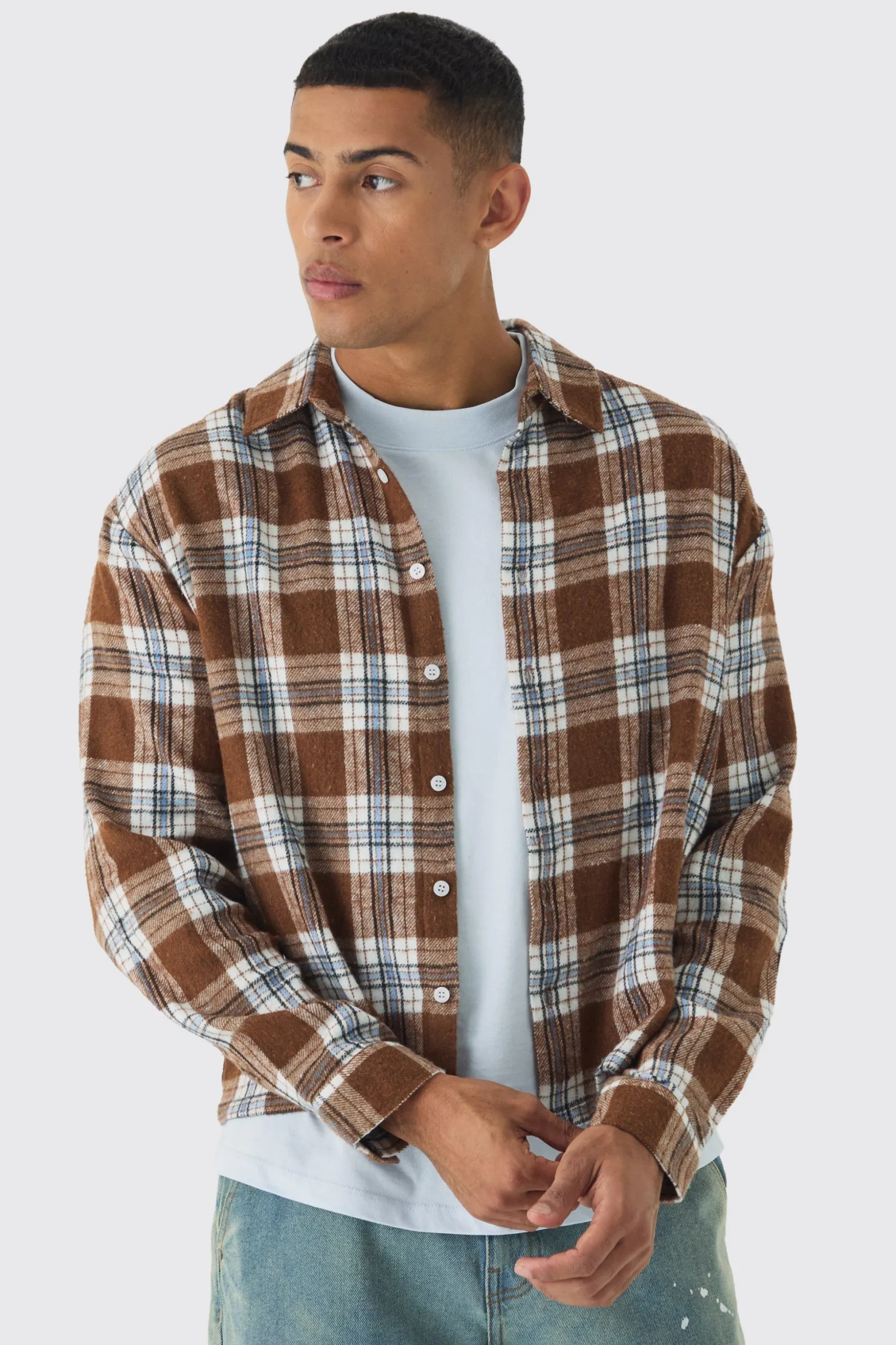 Long Sleeve Checked Boxy Shirt | BoohooMAN UK
