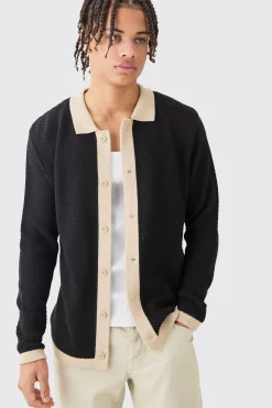 Long Sleeve Contrast Collar Knitted Shirt In Black | BoohooMAN UK