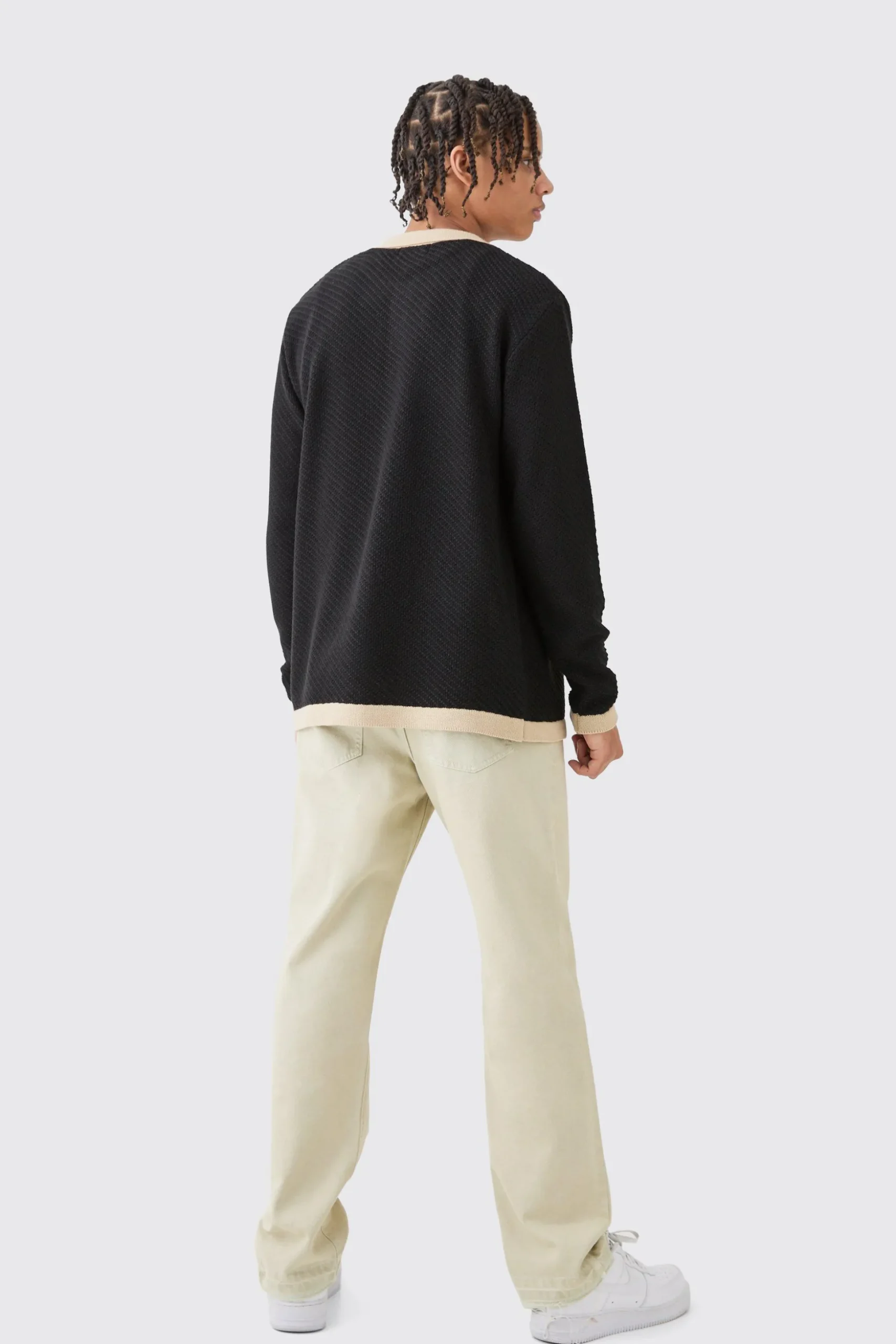 Long Sleeve Contrast Collar Knitted Shirt In Black | BoohooMAN UK