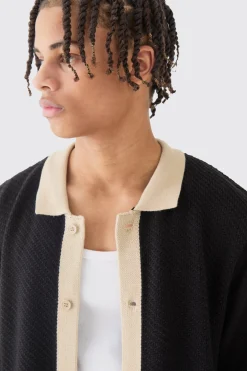 Long Sleeve Contrast Collar Knitted Shirt In Black | BoohooMAN UK