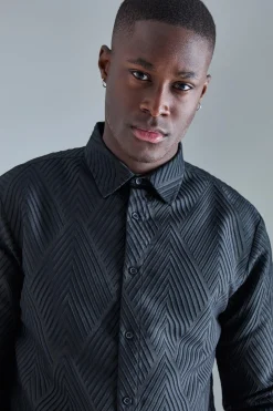 Long Sleeve Diamond Textured Shirt | BoohooMAN UK