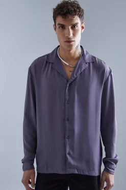 Long Sleeve Drop Revere Sateen Look Shirt | BoohooMAN UK