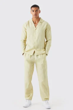 Long Sleeve Dropped Revere Linen Look Shirt & Trouser | BoohooMAN UK