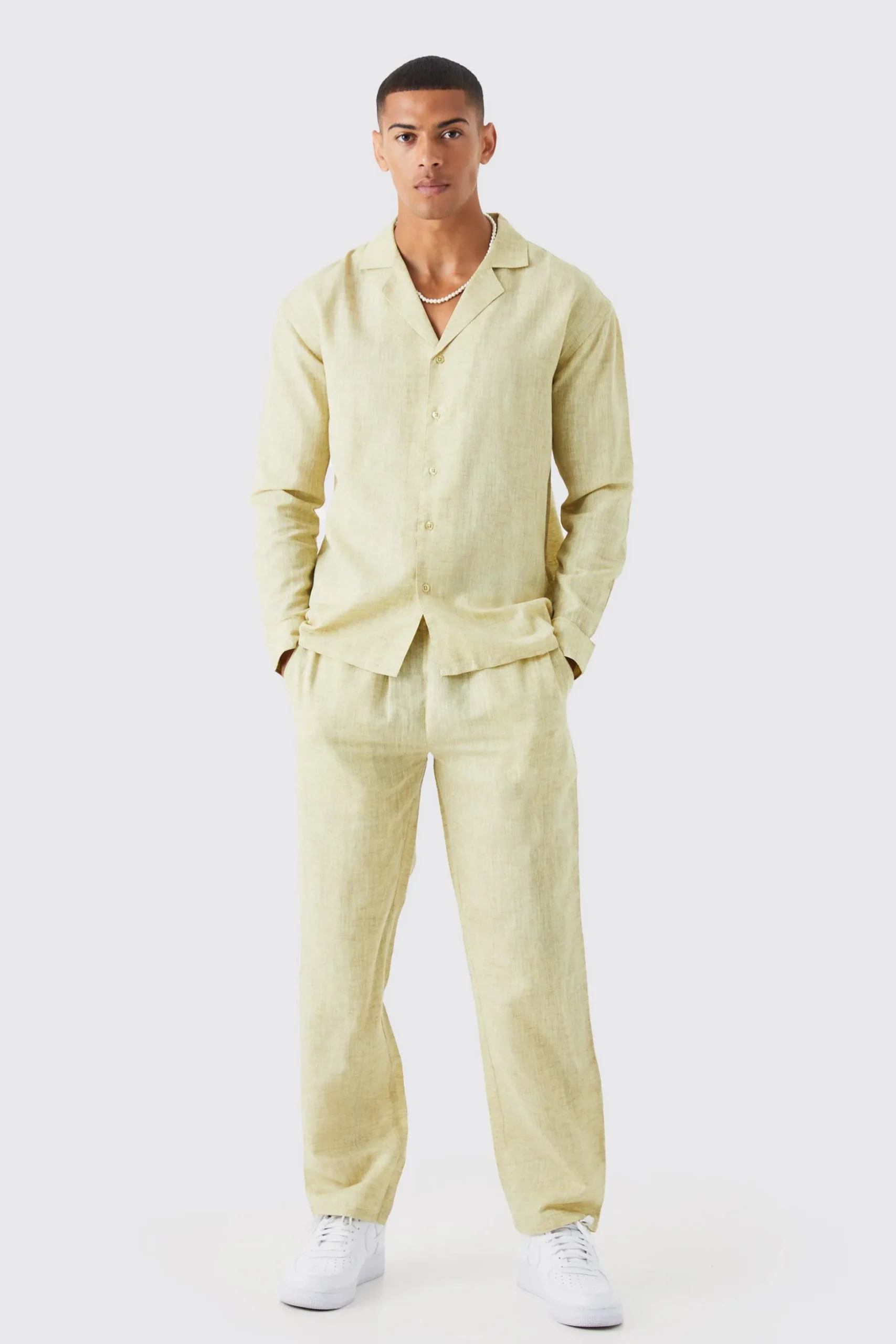 Long Sleeve Dropped Revere Linen Look Shirt & Trouser | BoohooMAN UK