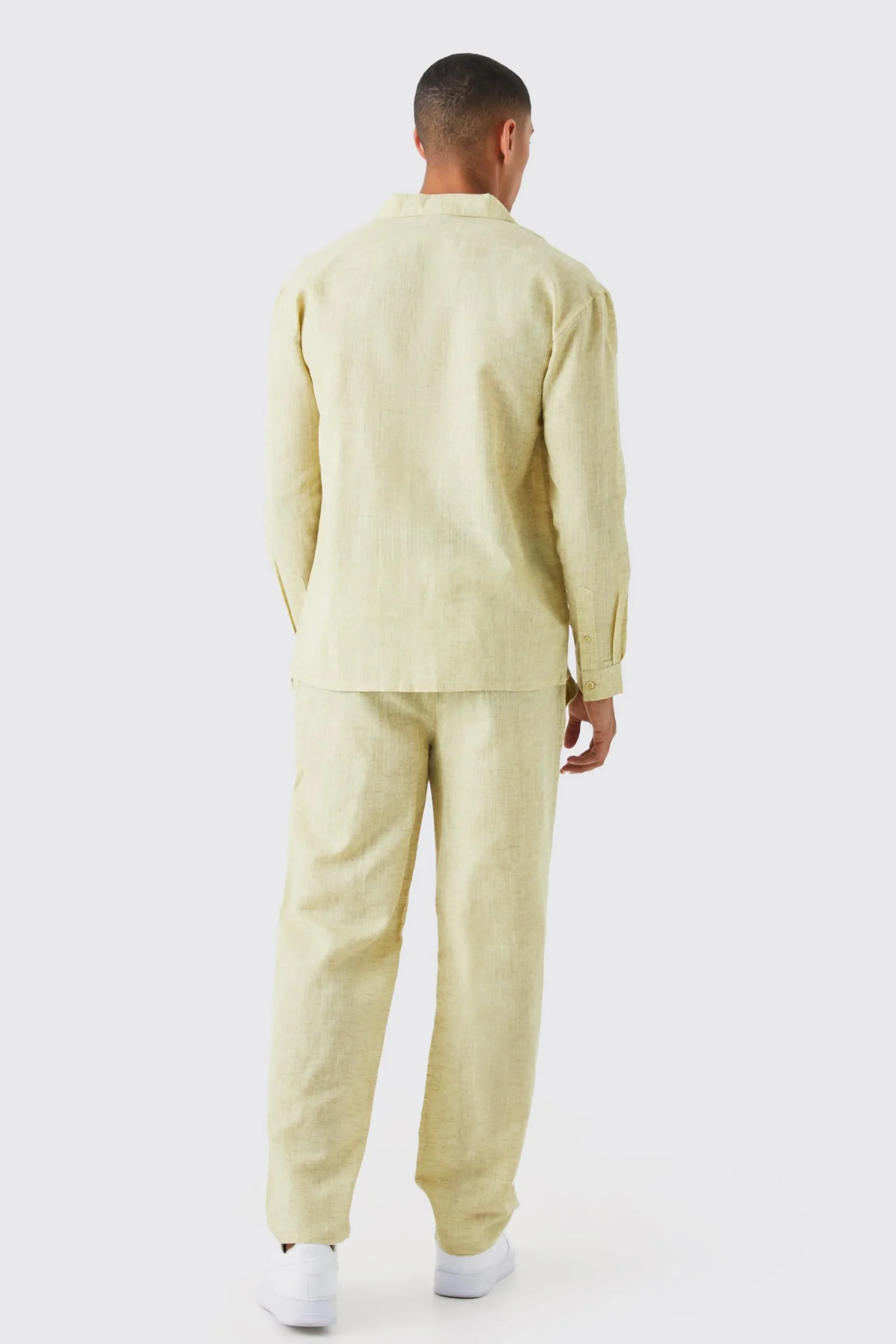 Long Sleeve Dropped Revere Linen Look Shirt & Trouser | BoohooMAN UK