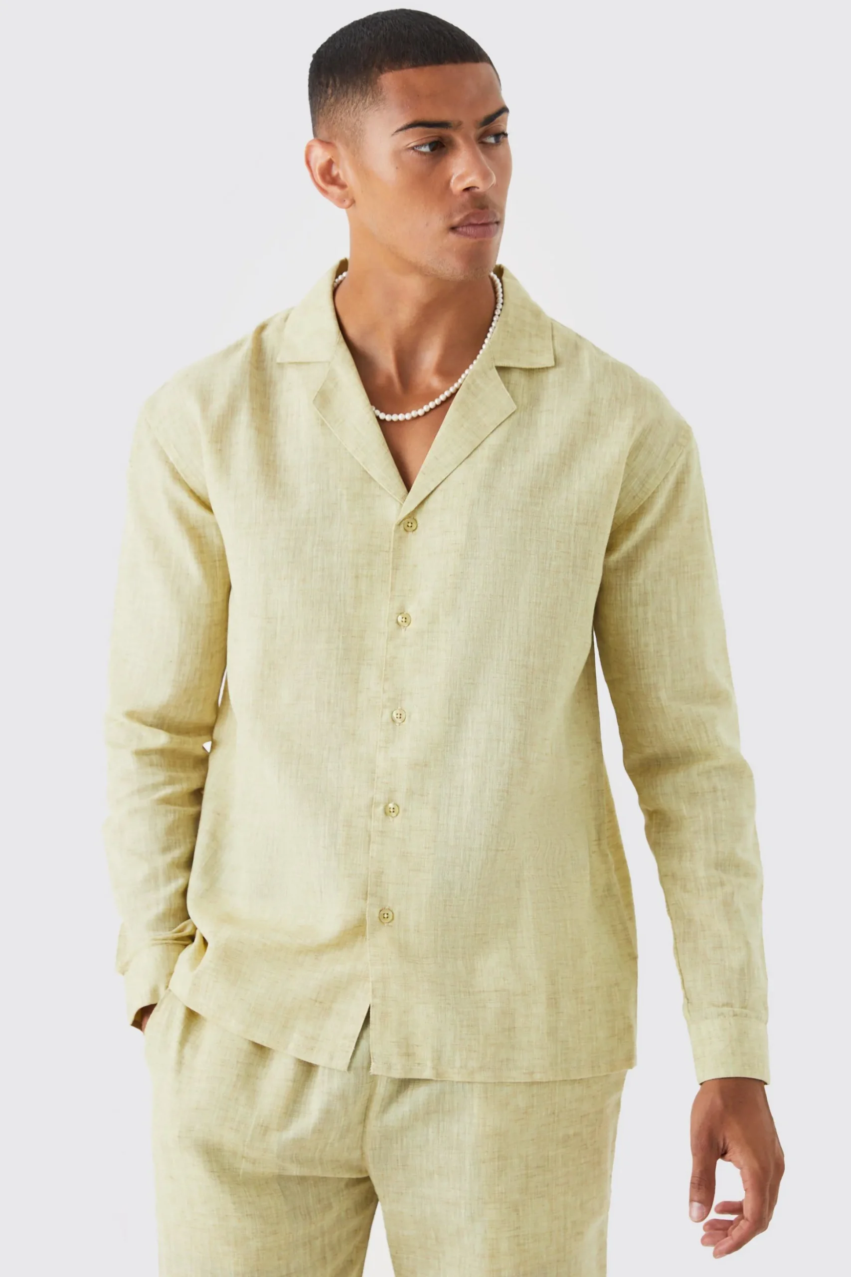 Long Sleeve Dropped Revere Linen Look Shirt & Trouser | BoohooMAN UK