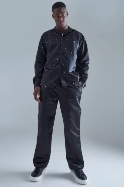 Long Sleeve Embellished Satin Shirt And Trouser Set | BoohooMAN UK