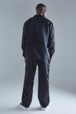Long Sleeve Embellished Satin Shirt And Trouser Set | BoohooMAN UK