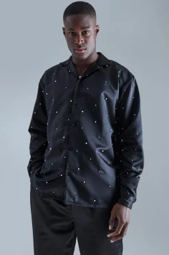 Long Sleeve Embellished Satin Shirt And Trouser Set | BoohooMAN UK
