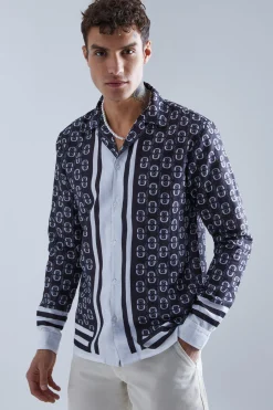 Long Sleeve Geo Border Shirt | BoohooMAN UK