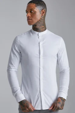 Long Sleeve Grandad Collar Stretch Fit Shirt | BoohooMAN UK