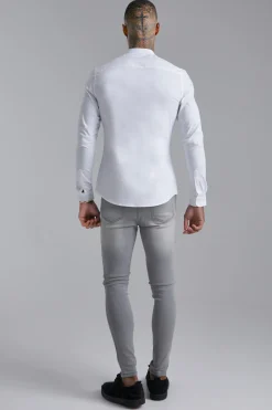 Long Sleeve Grandad Collar Stretch Fit Shirt | BoohooMAN UK