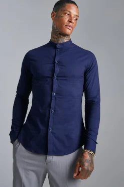 Long Sleeve Grandad Collar Slim Shirt | BoohooMAN UK