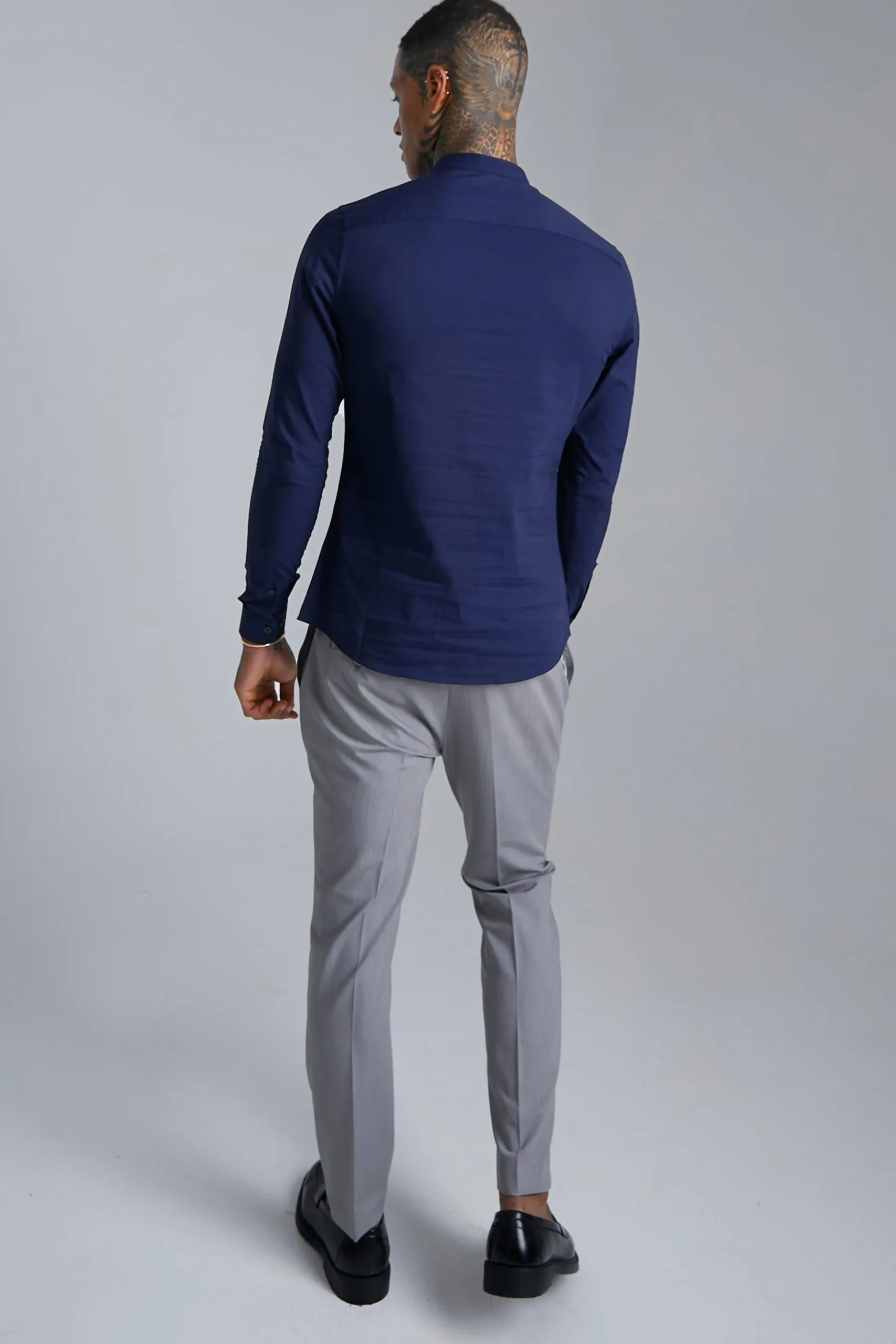 Long Sleeve Grandad Collar Slim Shirt | BoohooMAN UK