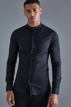 Long Sleeve Grandad Collar Stretch Shirt | BoohooMAN UK