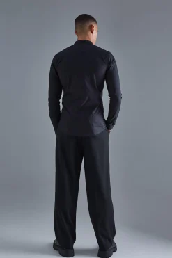 Long Sleeve Grandad Collar Stretch Shirt | BoohooMAN UK