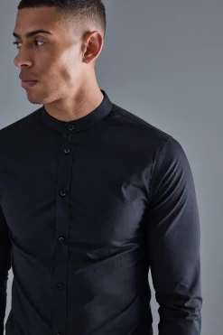Long Sleeve Grandad Collar Stretch Shirt | BoohooMAN UK