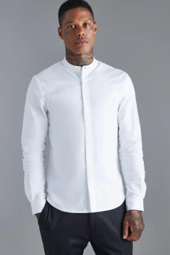 Long Sleeve Grandad Collar Slim Shirt | BoohooMAN UK