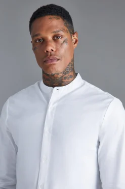 Long Sleeve Grandad Collar Slim Shirt | BoohooMAN UK
