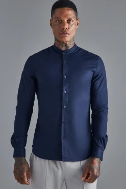 Long Sleeve Grandad Collar Stretch Shirt | BoohooMAN UK