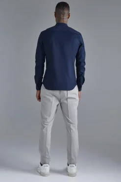 Long Sleeve Grandad Collar Stretch Shirt | BoohooMAN UK